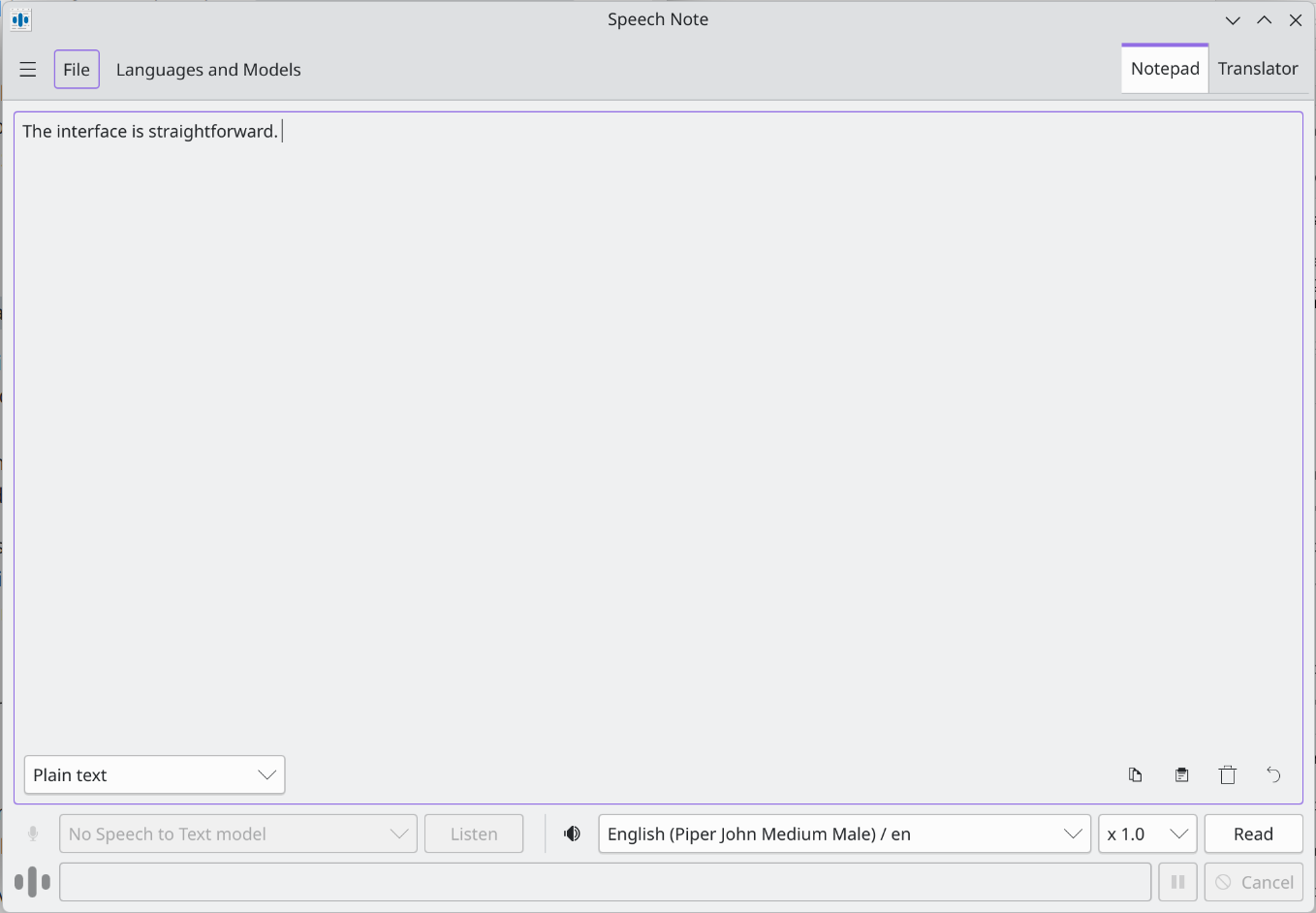Speech Note's plain text interface with text that reads "The interface is straightforward." and the English (Piper John Medium Male) / en model loaded